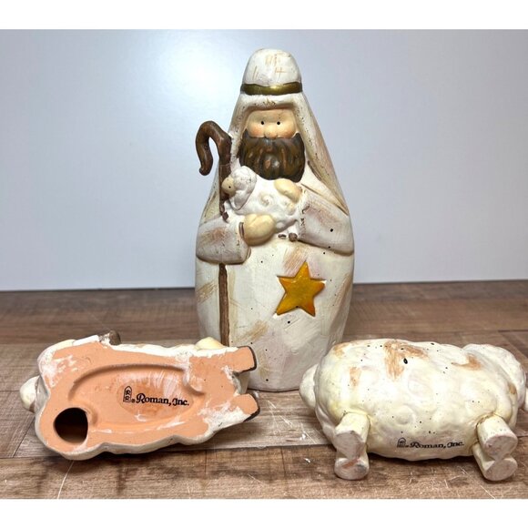 Hand-Painted Ceramic Nativity Set With Shepherd & Two Sheep Figurines Christmas - Picture 4 of 4